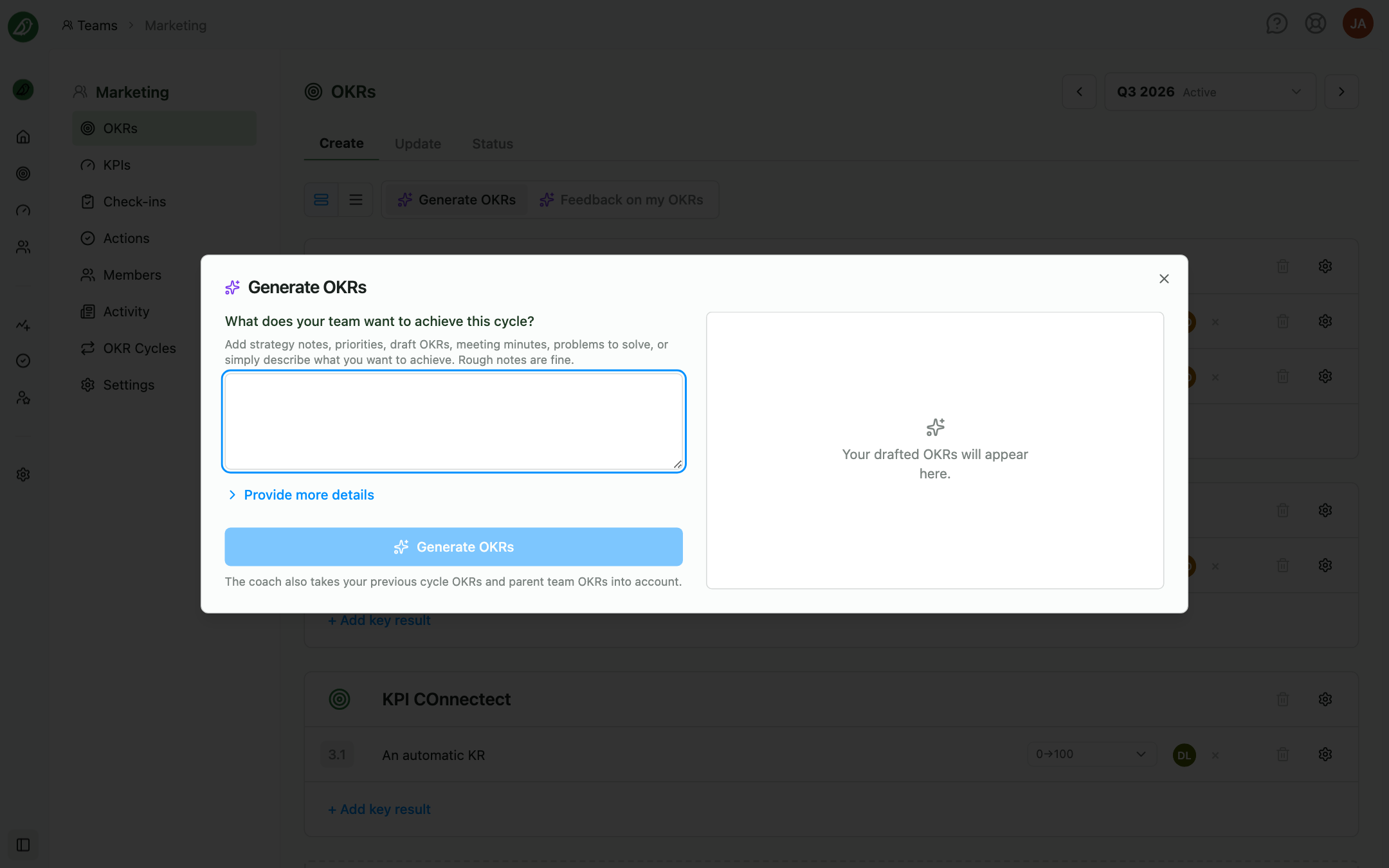 The Generate OKRs dialog