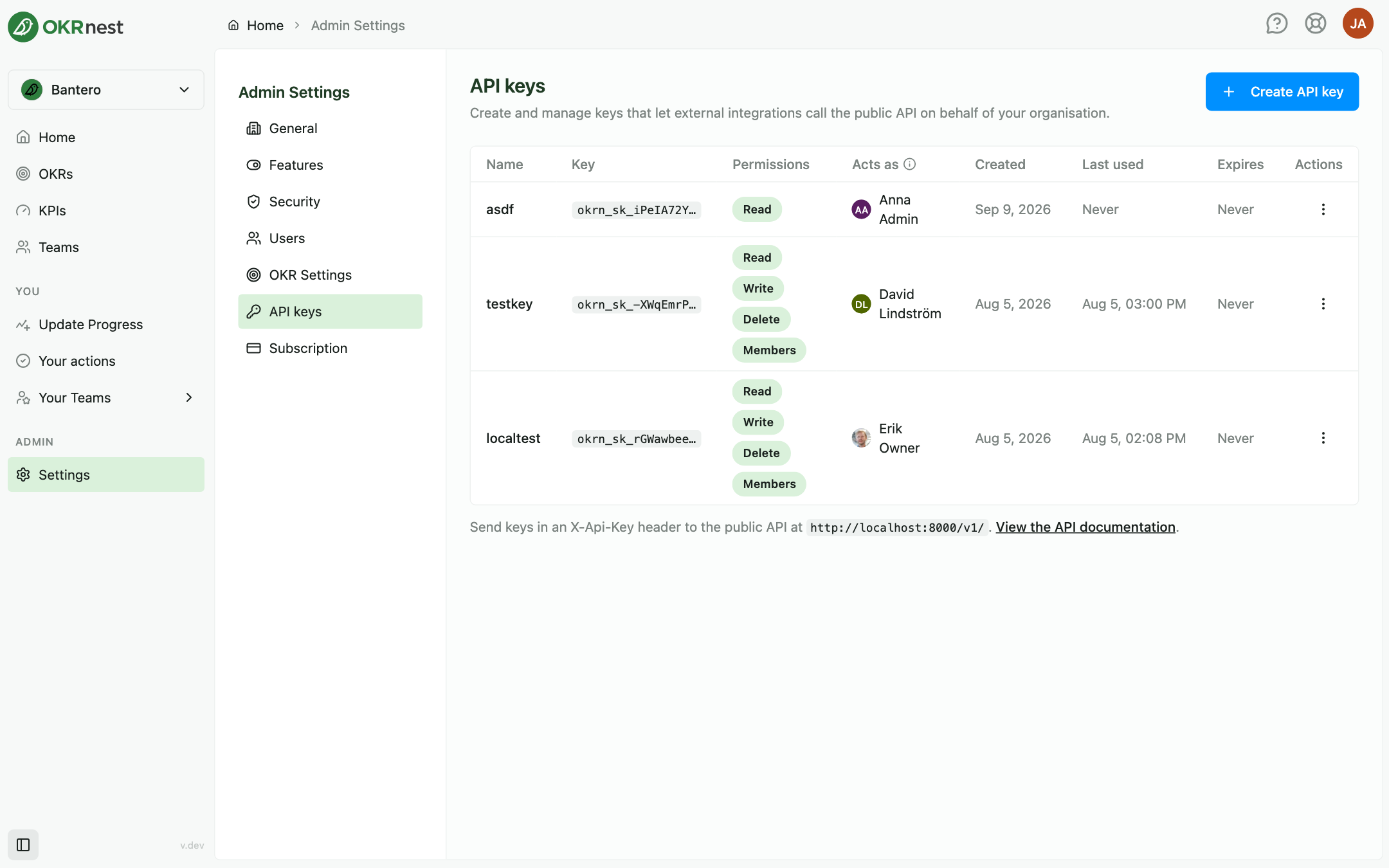 The API keys section in Admin Settings