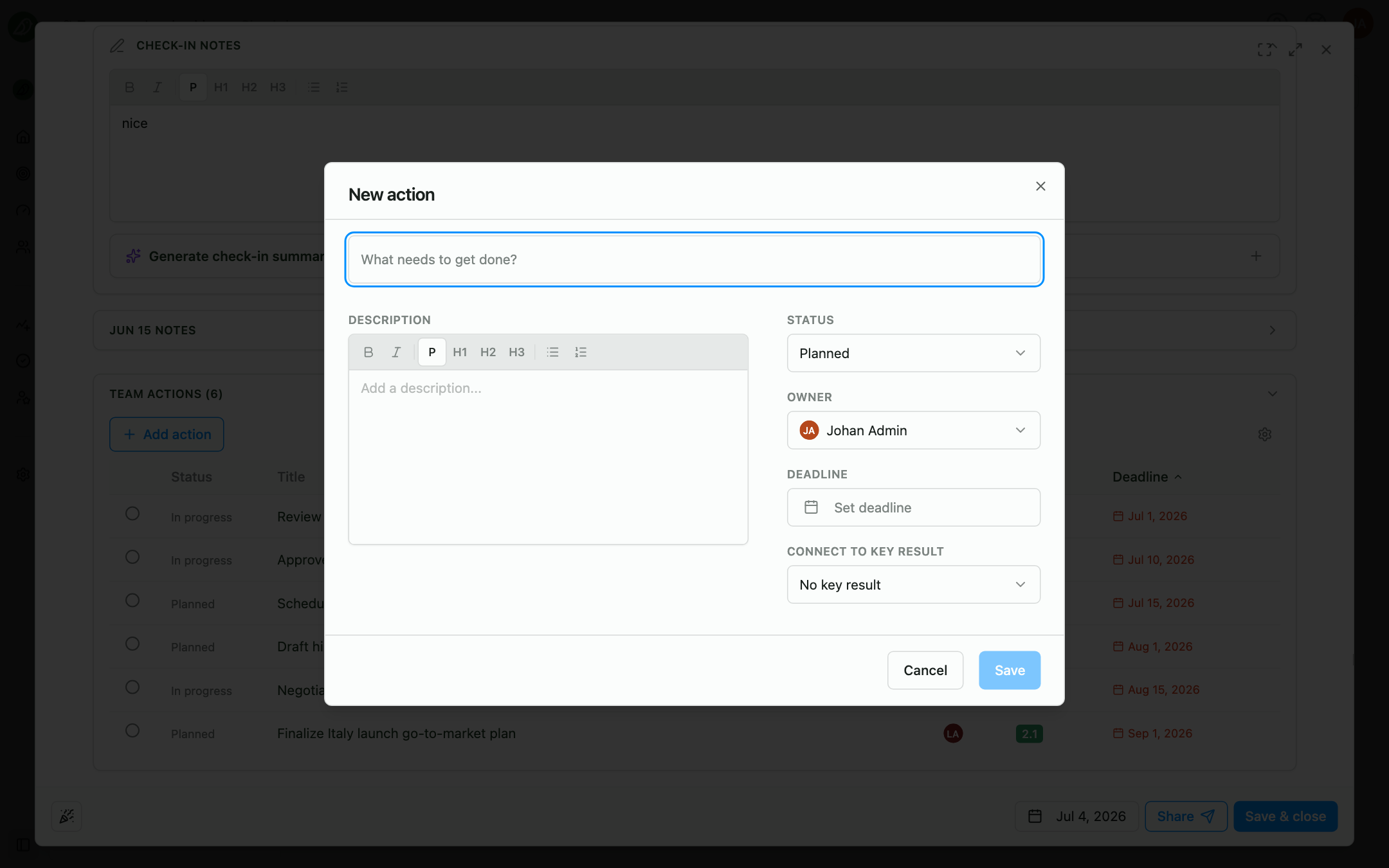 Check-in overview with the Team Actions card and action form