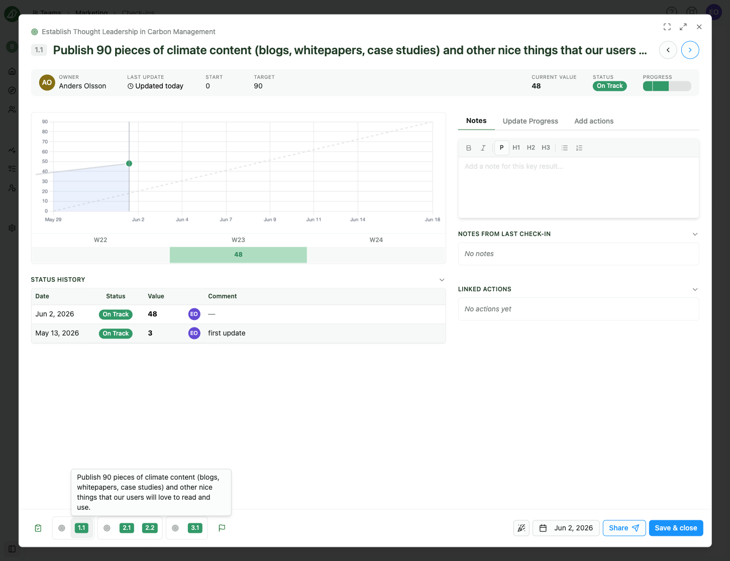 Key result step in a check-in showing Notes, Update Progress, and Add actions tabs
