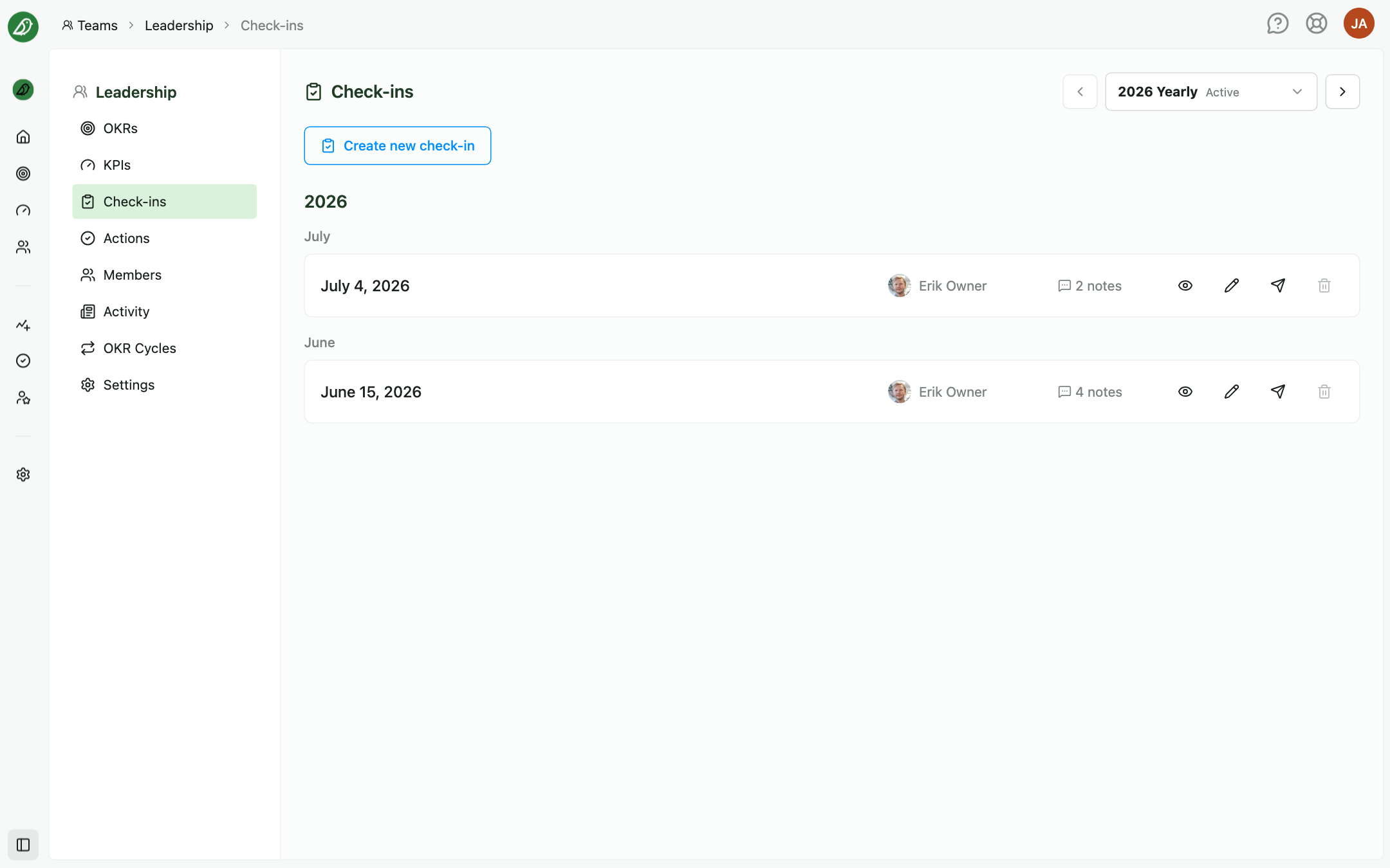 The Check-ins section with Create new check-in on an empty cycle