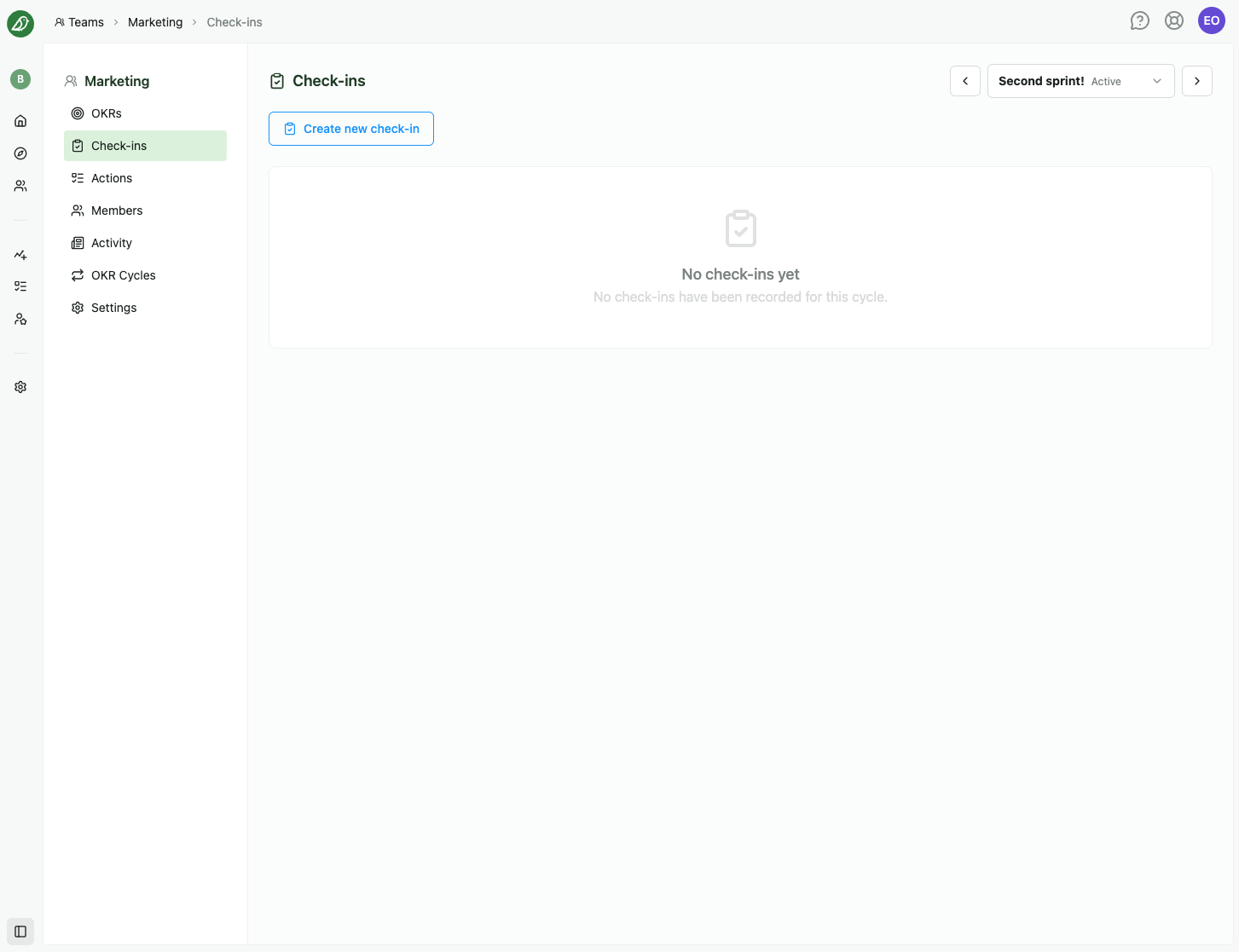 The Check-ins tab with Create new check-in on an empty cycle