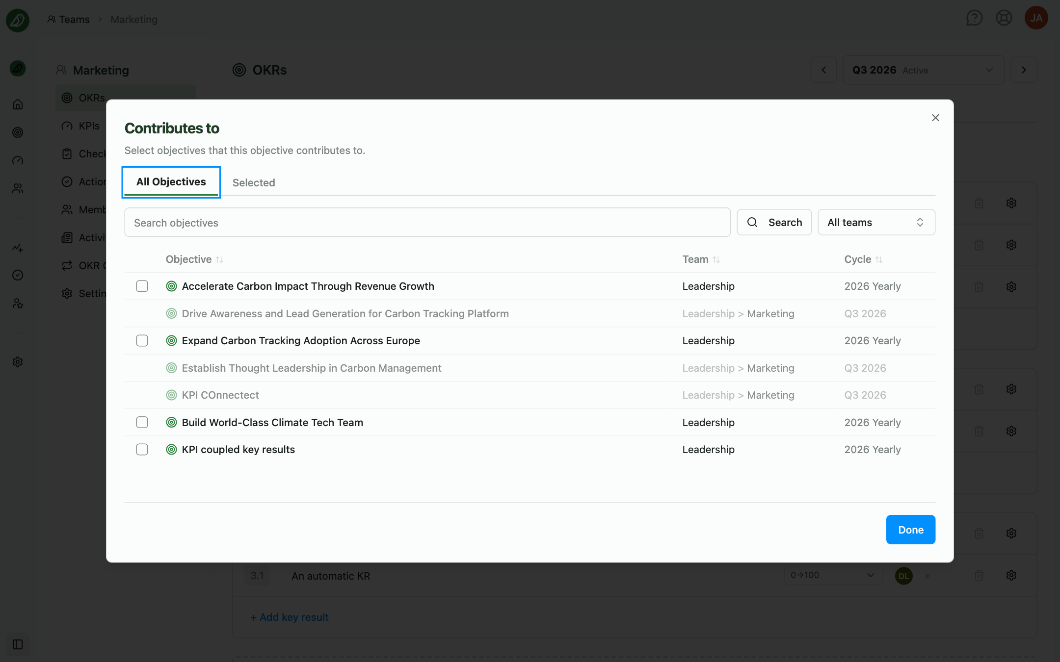 The Contributes to dialog showing objectives from other teams