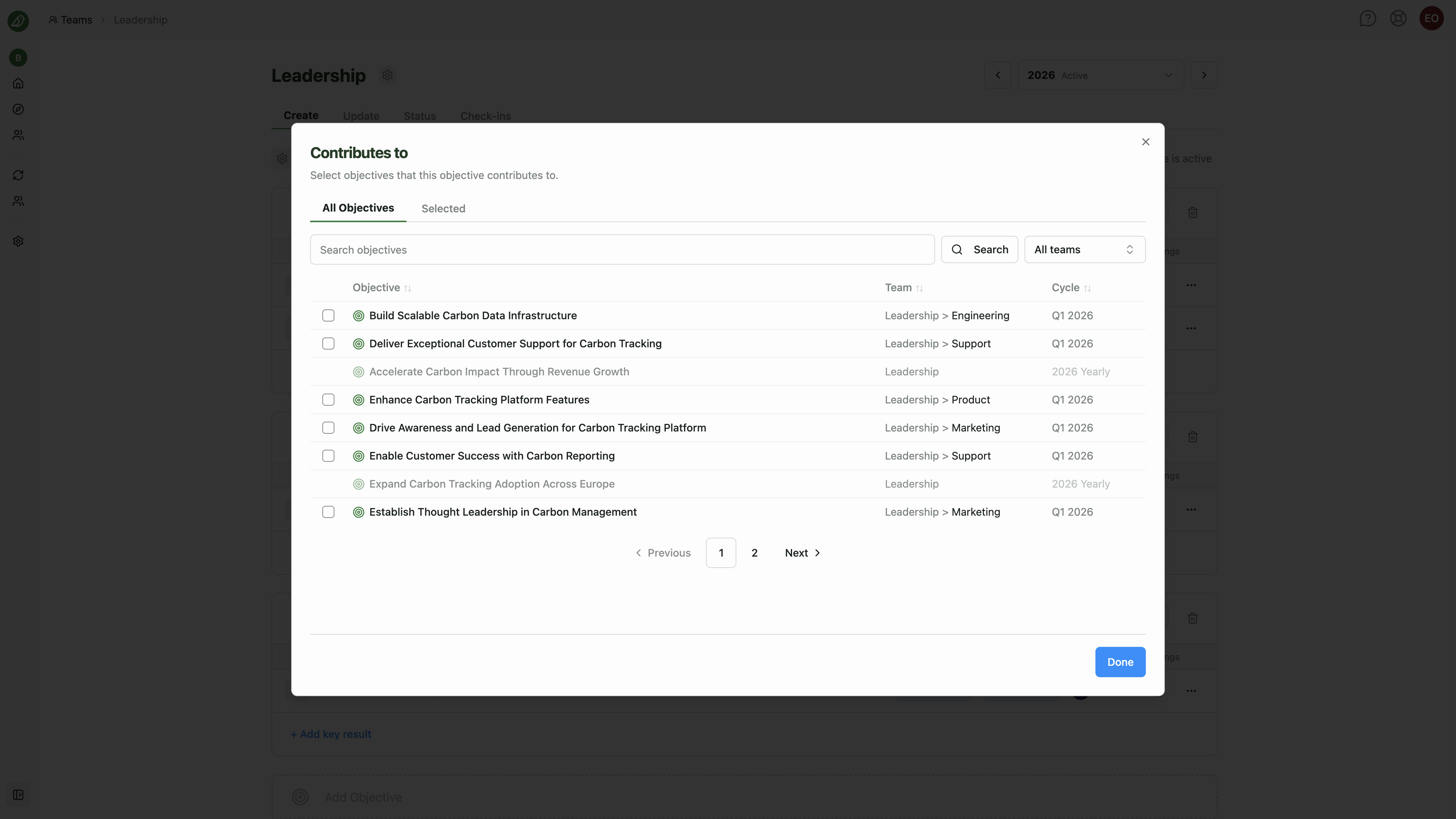 The Contributes to dialog showing objectives from other teams