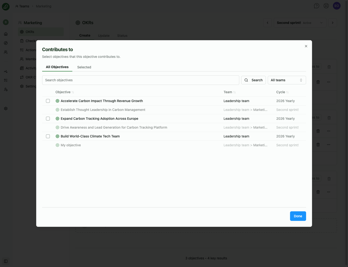The Contributes to dialog listing objectives from other teams