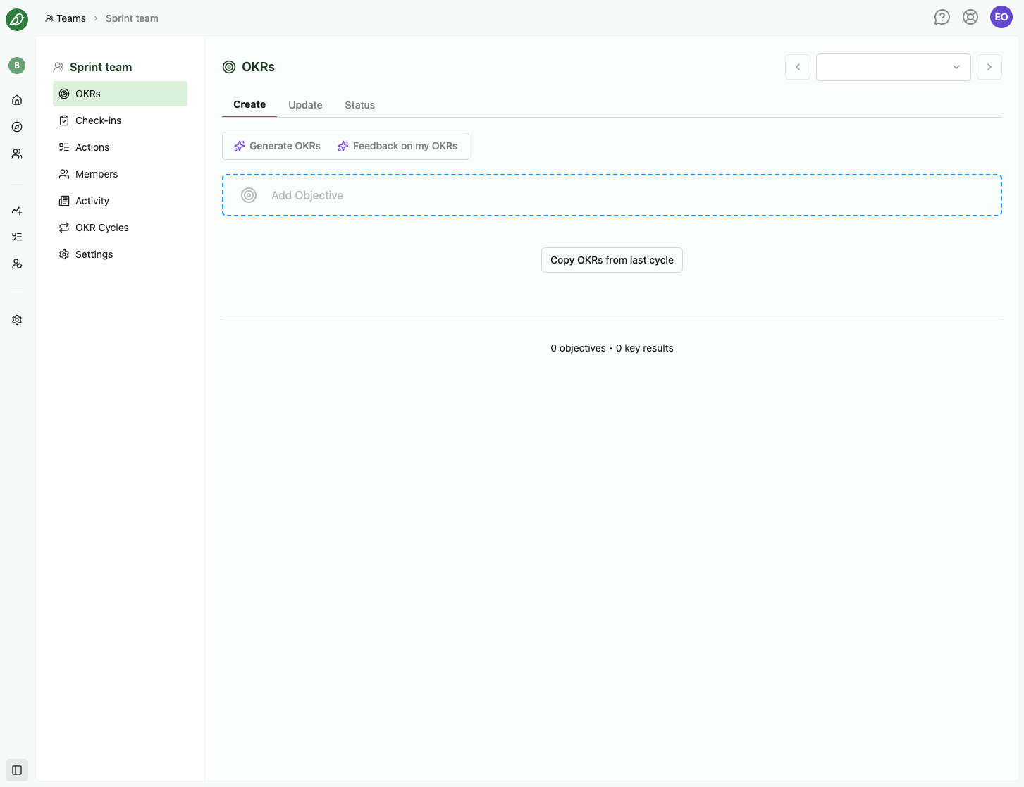 Empty Create tab with Copy OKRs from last cycle and Add Objective