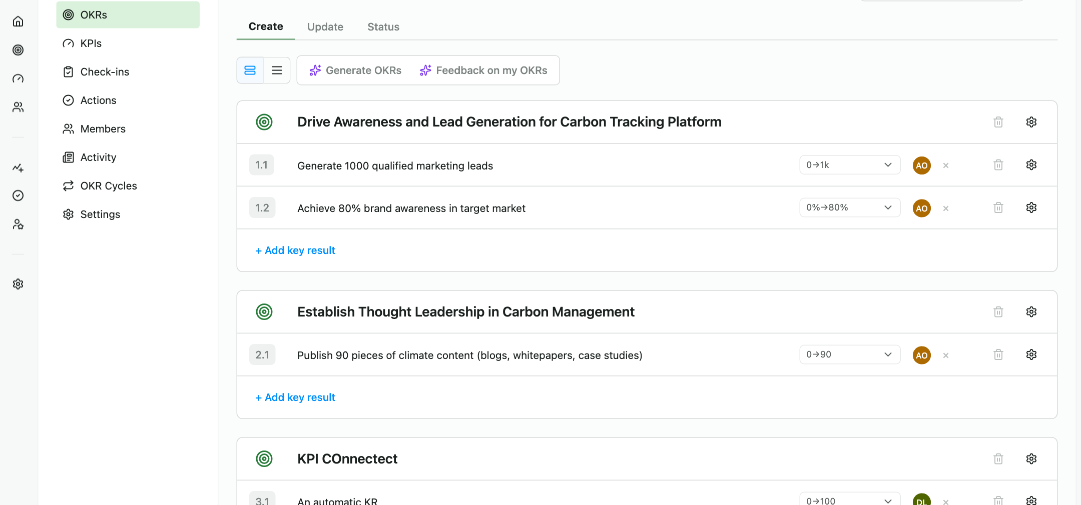 The Create tab showing objectives and key results