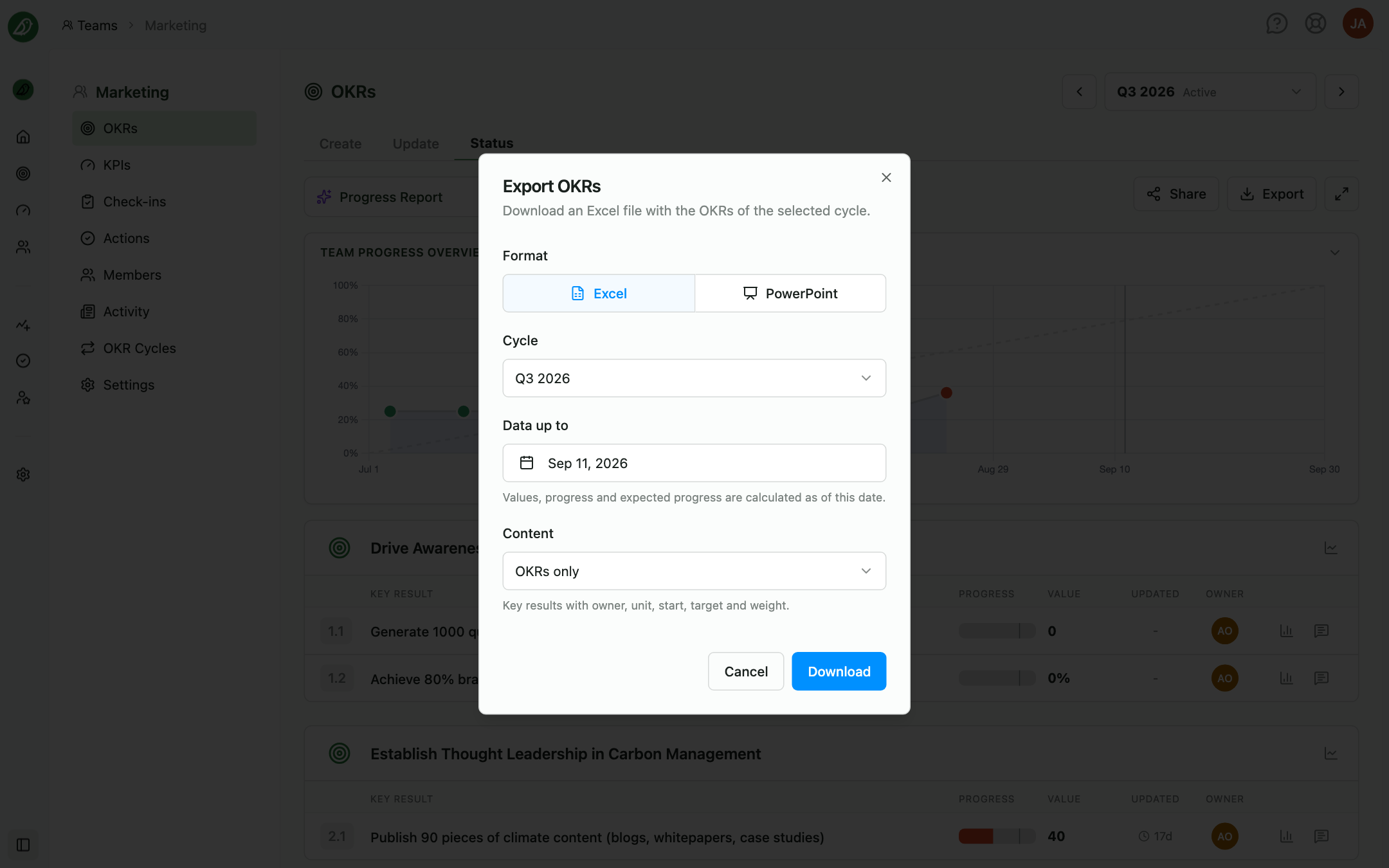 The Export OKRs dialog
