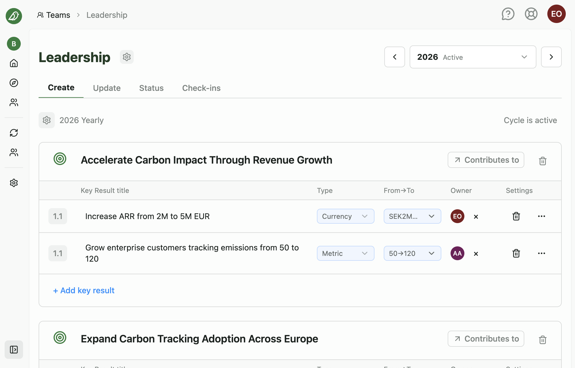 The Create tab in OKR Manager showing objectives and key results
