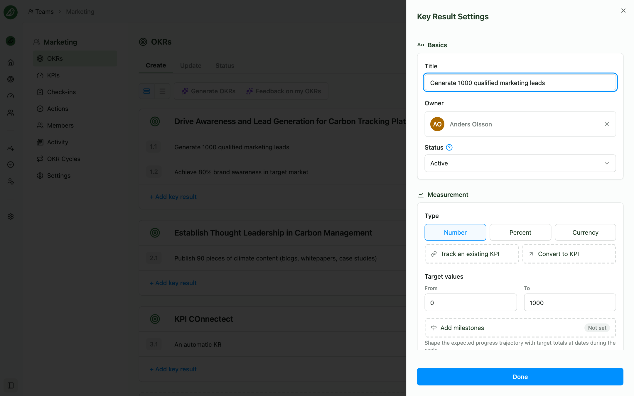 The Key Result Settings side panel