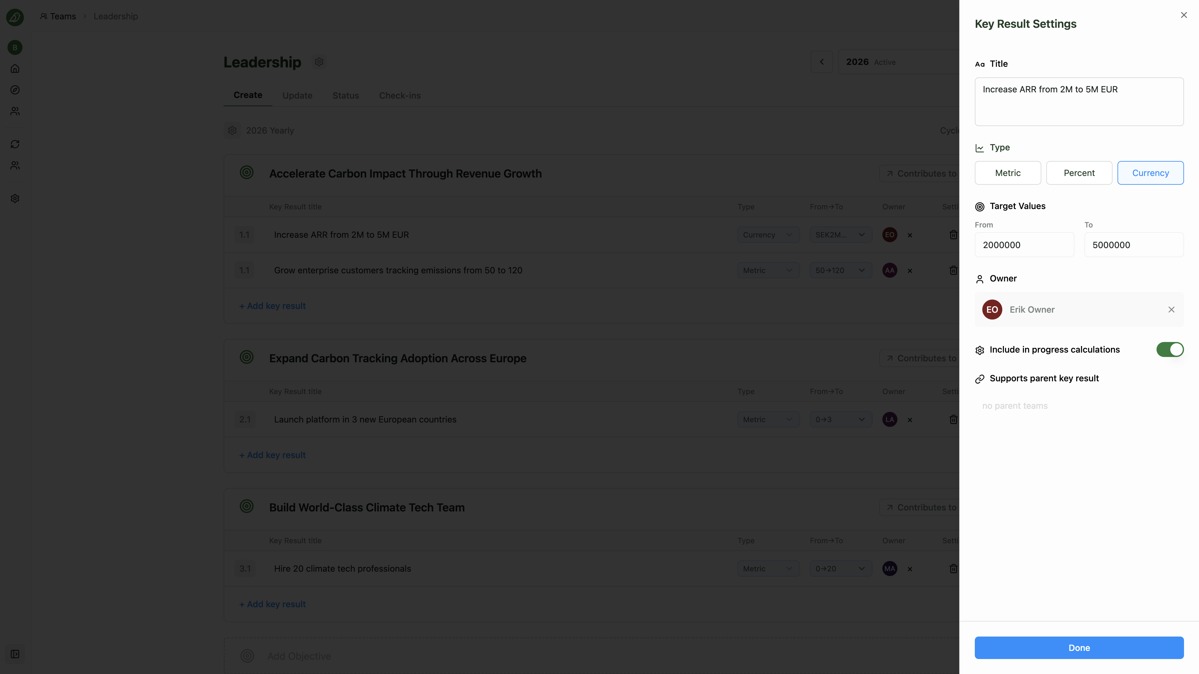 The Key Result Settings side panel