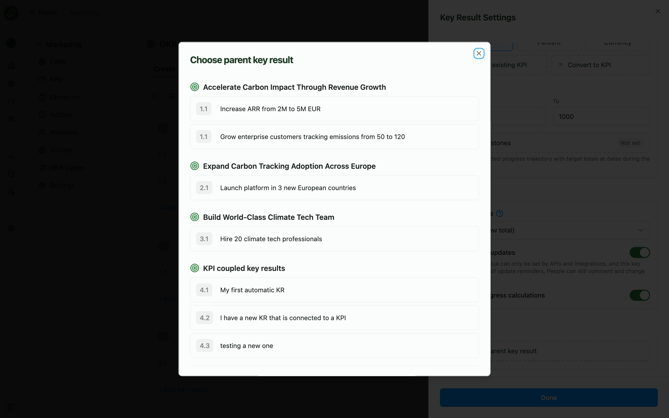 The parent key result linking dialog
