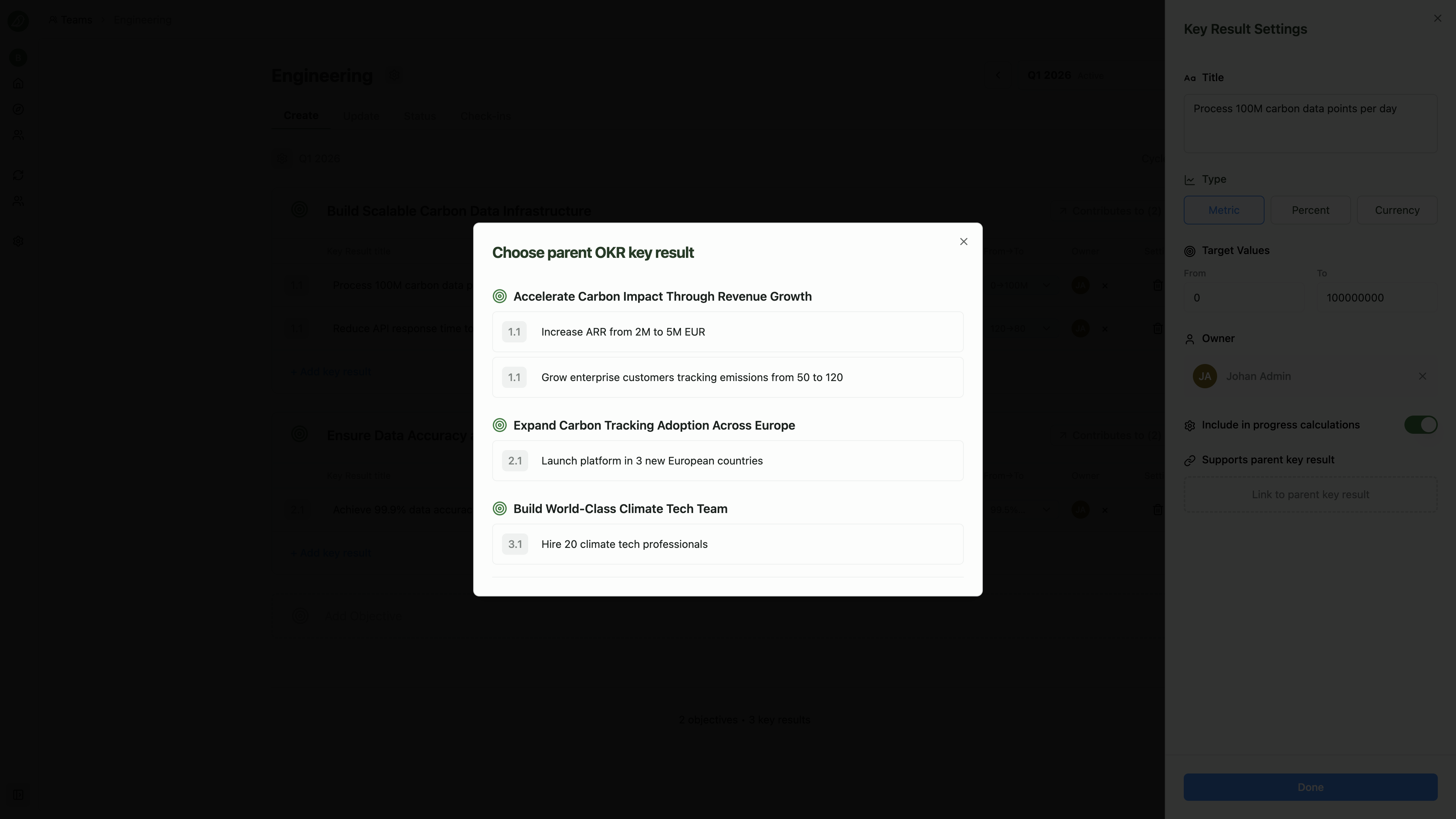 The parent key result linking dialog