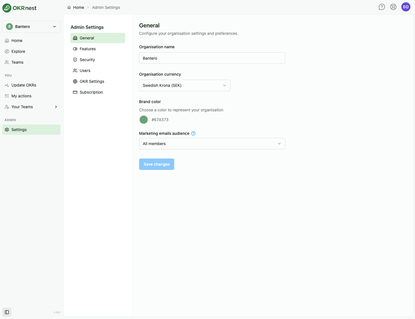 Admin Settings General section with organisation name, currency, and brand colour