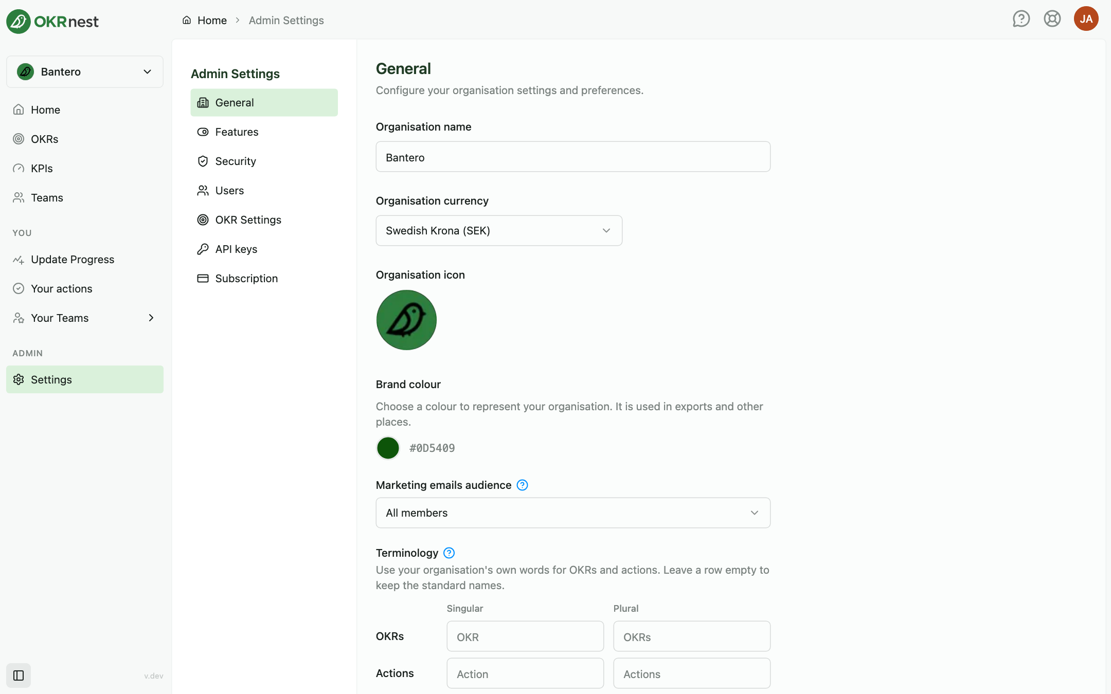 Admin Settings General section with organisation name, currency, and brand colour