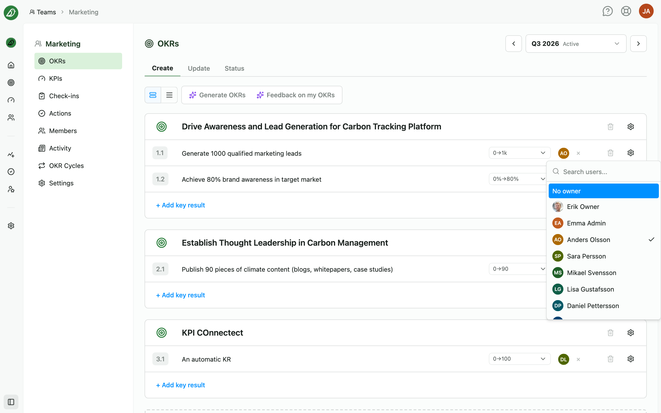 The owner dropdown showing team members with avatars