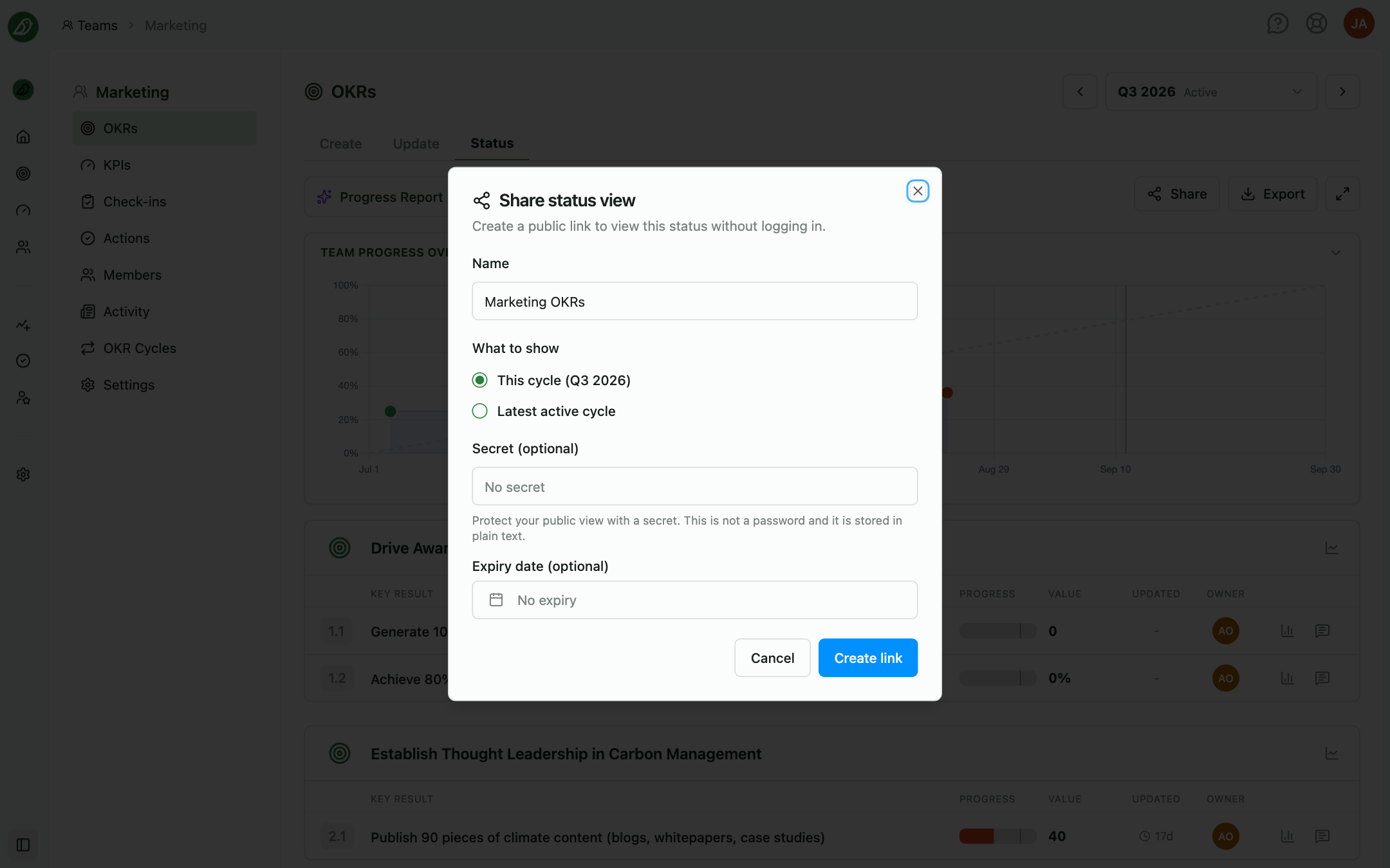 The Share status view dialog