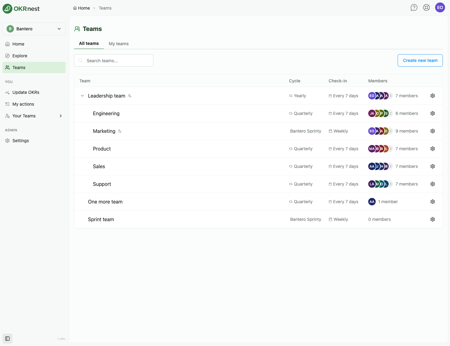 The Teams directory showing All teams, search, and the team table