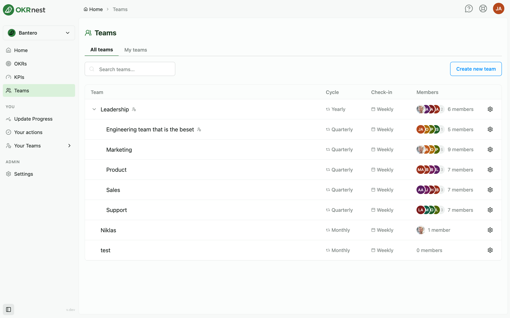 The Teams directory showing All teams, search, and the team table