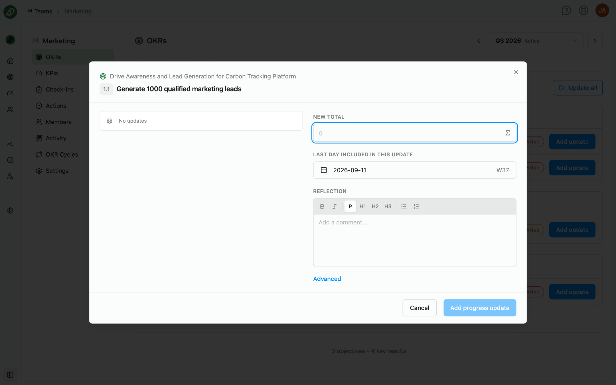 The update dialog with the new total, last day included, and reflection fields