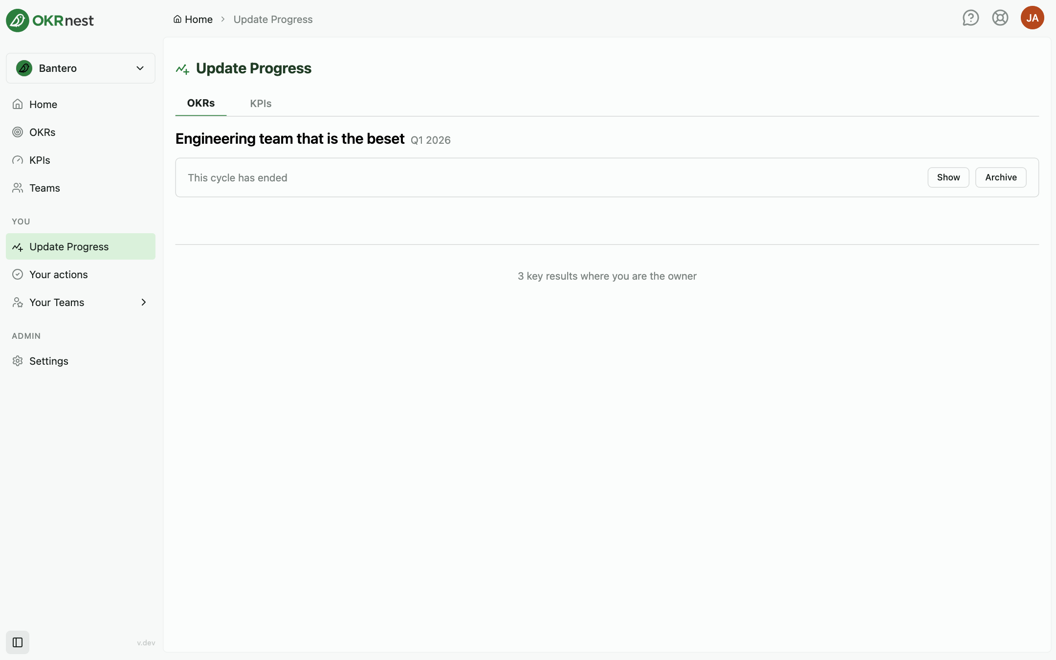 The Update Progress page listing the key results you own