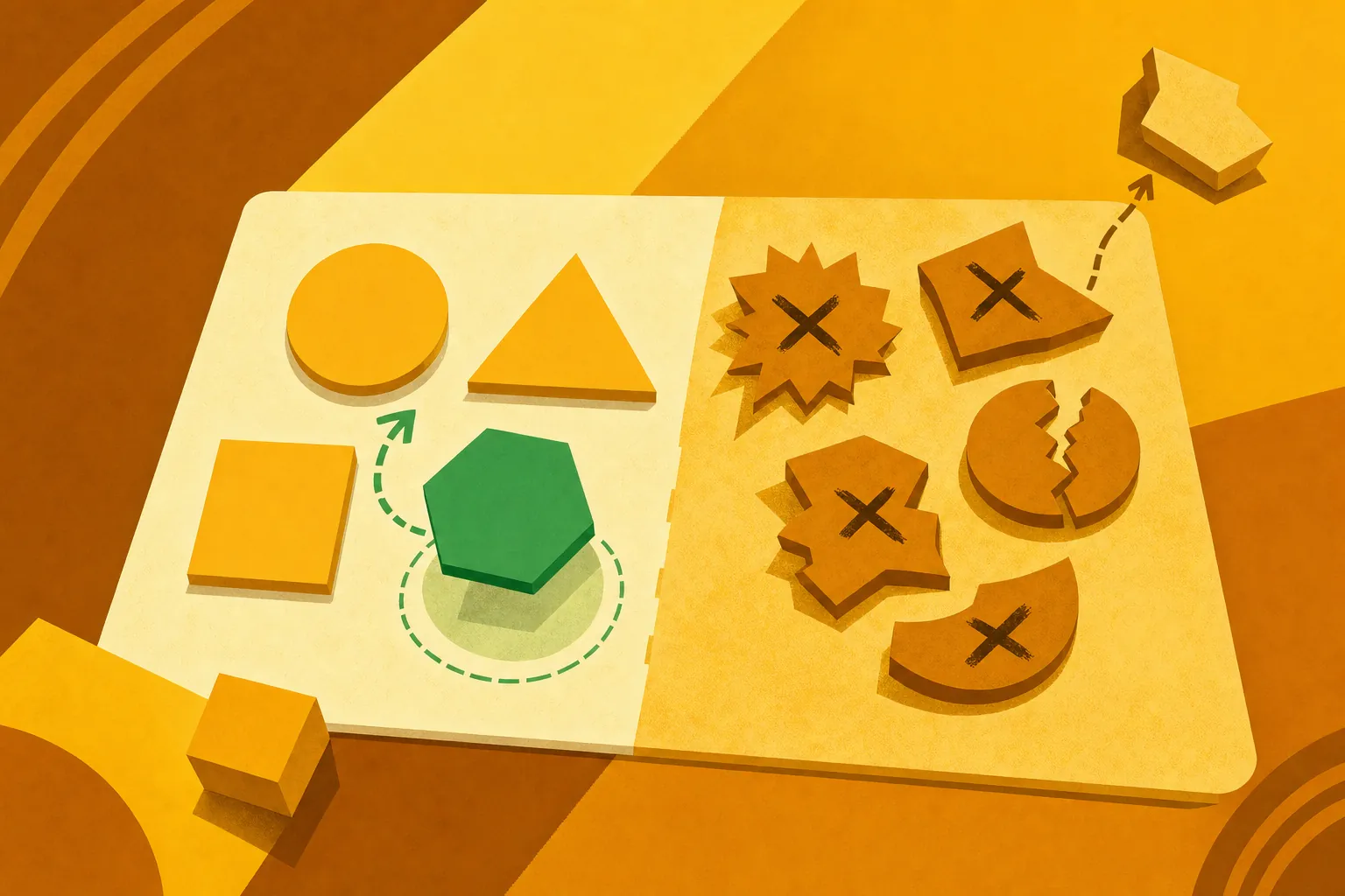 Flat illustration of two people sorting OKR shapes into clean and discarded piles, representing common OKR mistakes.