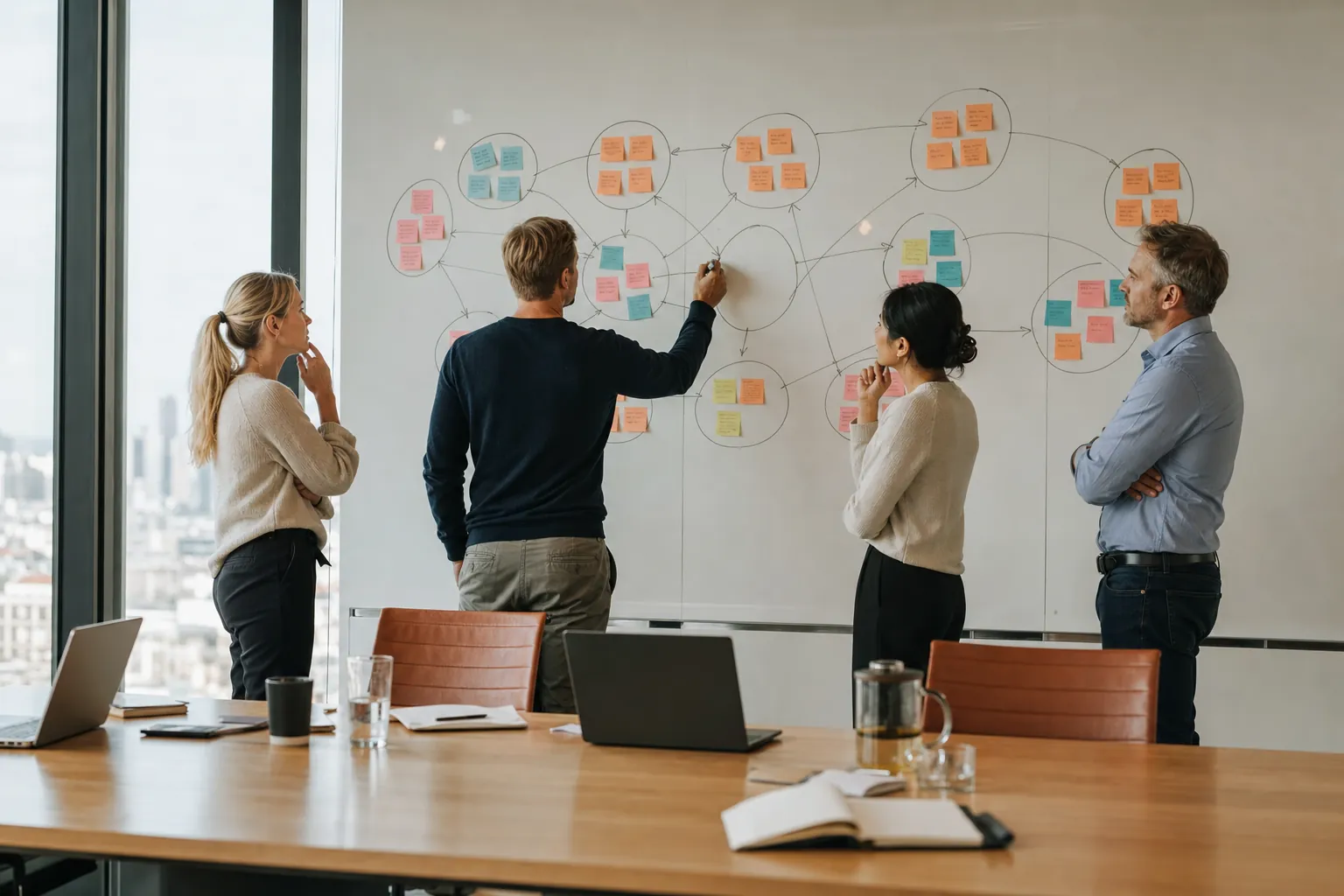 A team gathered at a whiteboard working out how many OKRs to set
