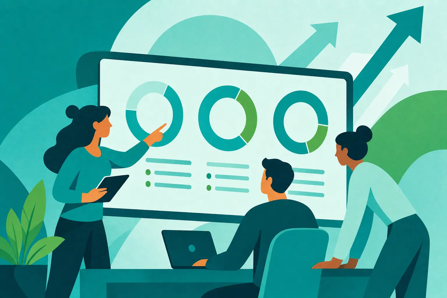 Illustration of a team gathered around a screen of circular progress charts during an OKR check-in