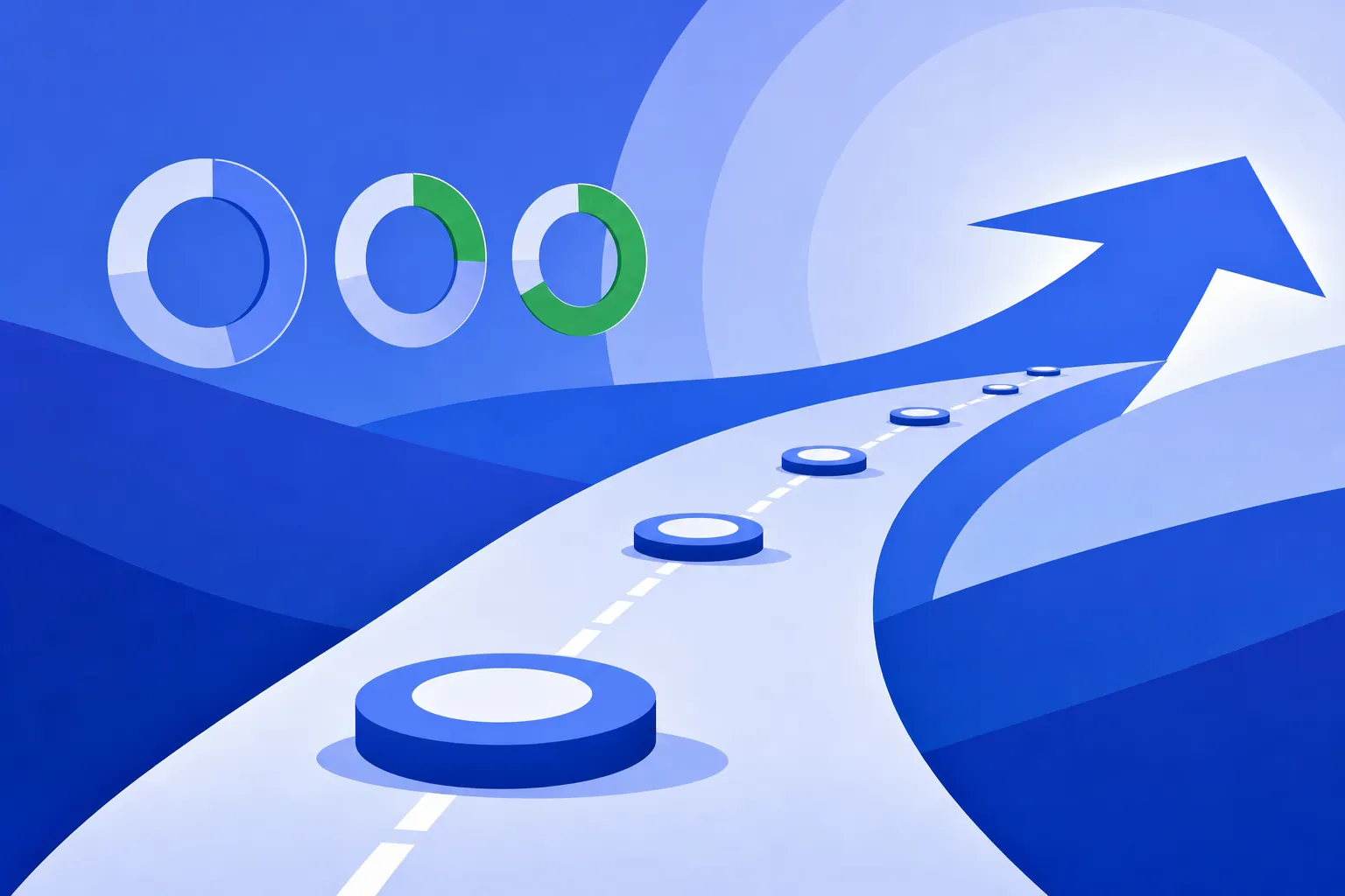 Illustration of milestone markers along a path leading to an upward arrow, representing a regular OKR check-in cadence