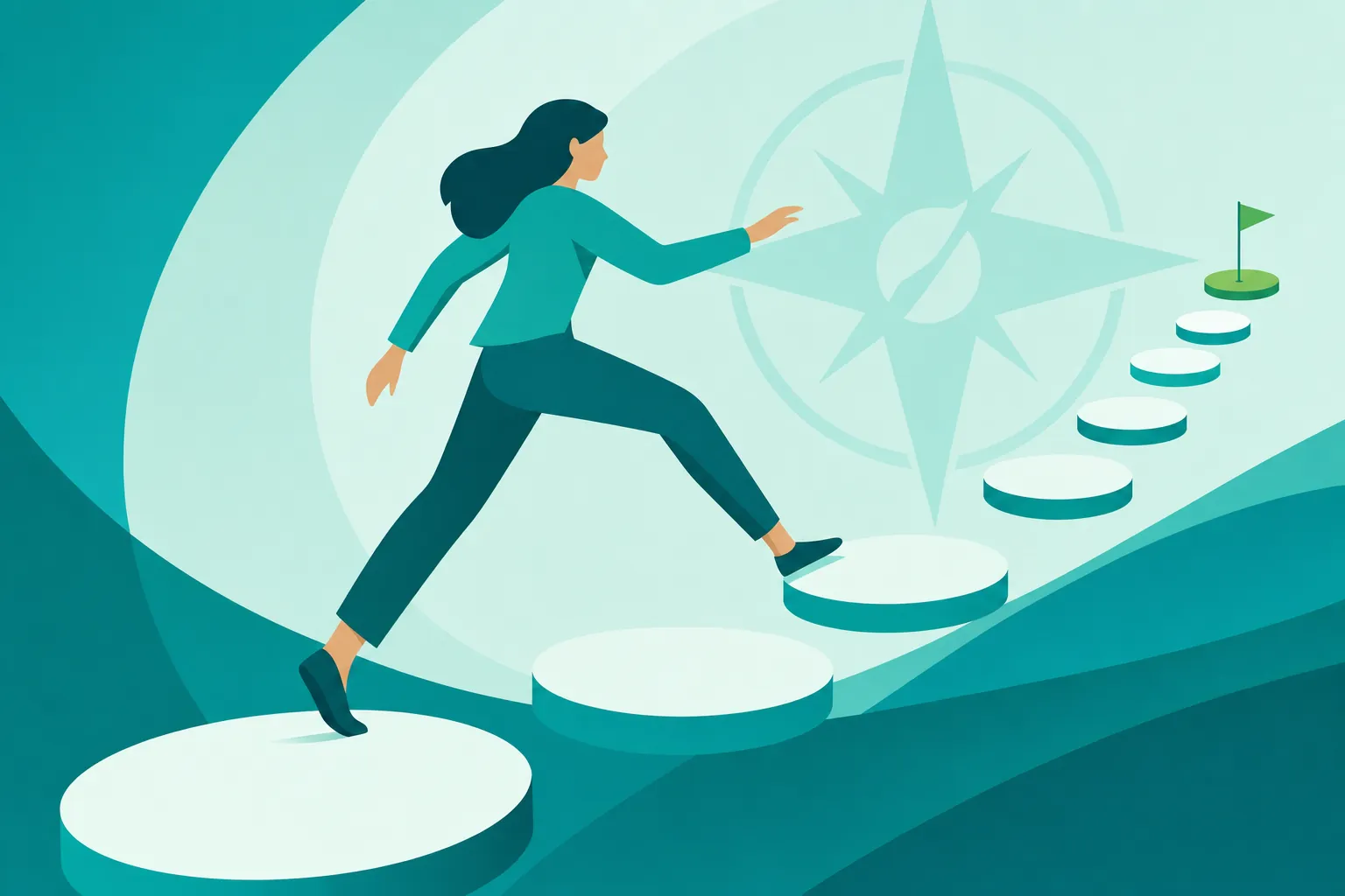 Person stepping along a path toward a goal with a compass guiding the way