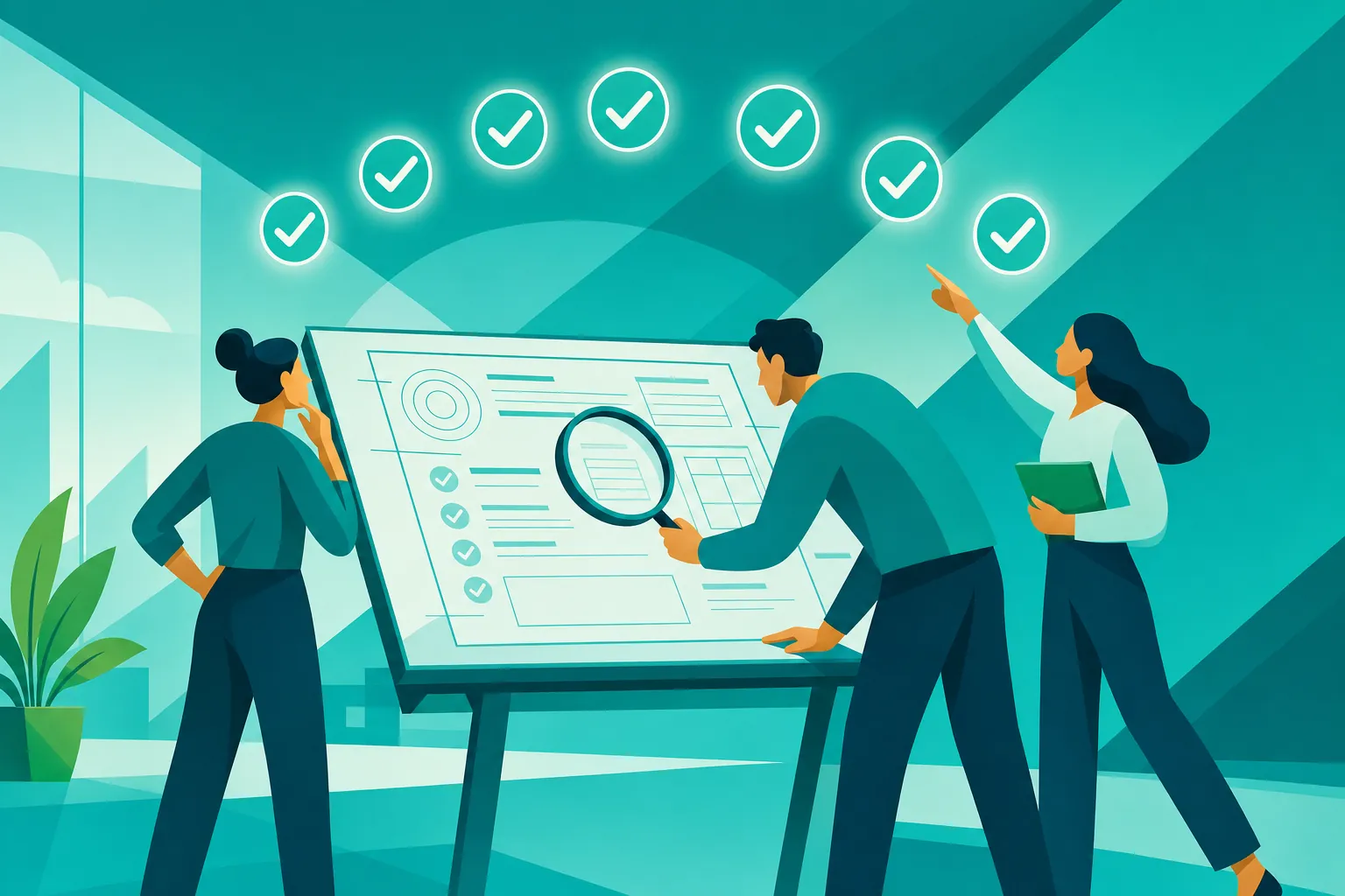Team reviewing an OKR checklist together on a board