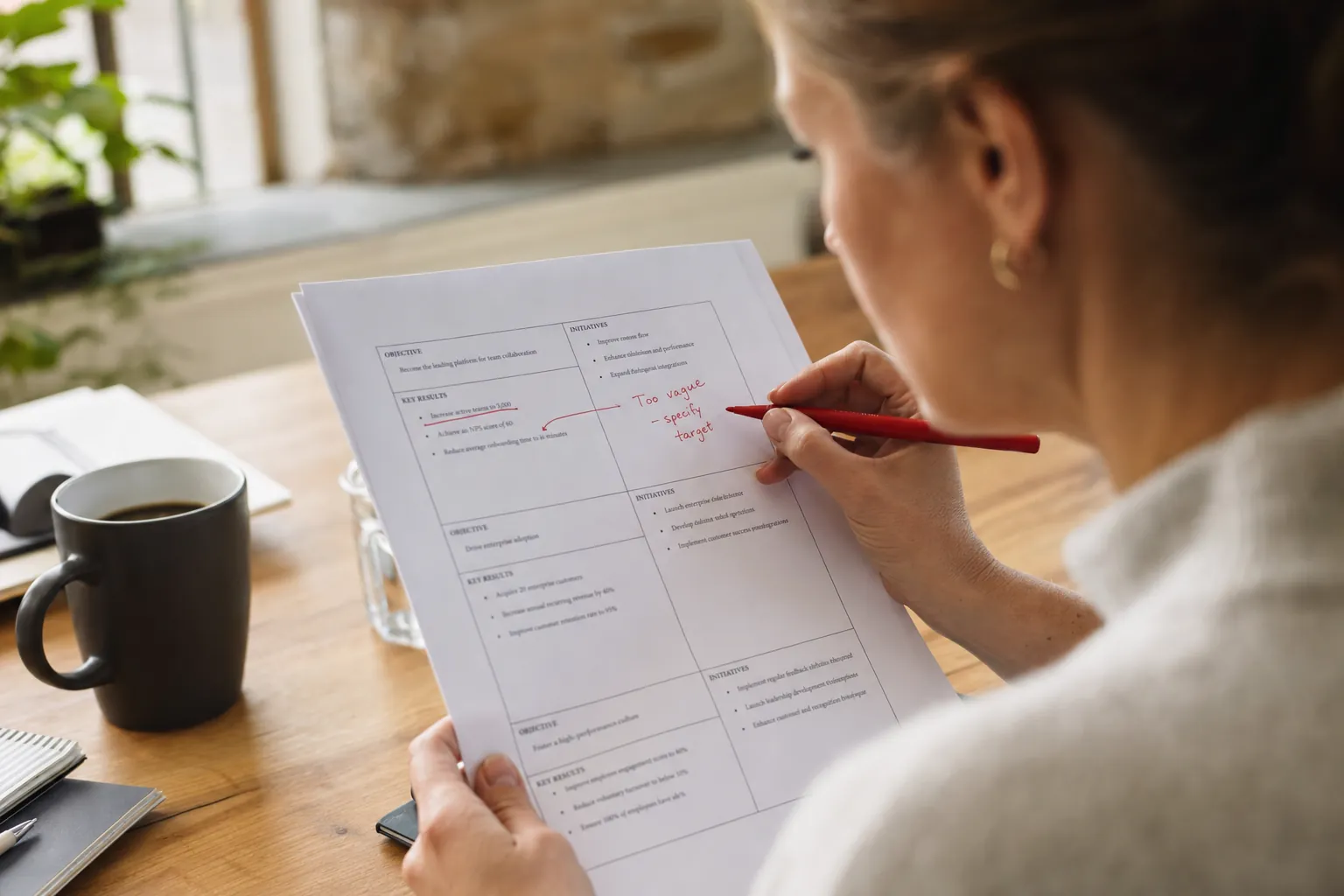 Close-up of a person reviewing a printed OKR draft with a red pen, mid-correction.