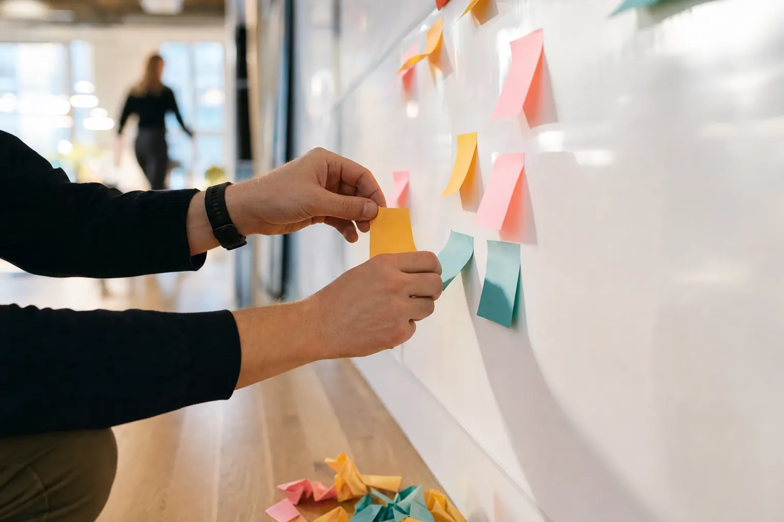Close-up of hands swapping a sticky note on a whiteboard, replacing it with a fresh note in a different colour.