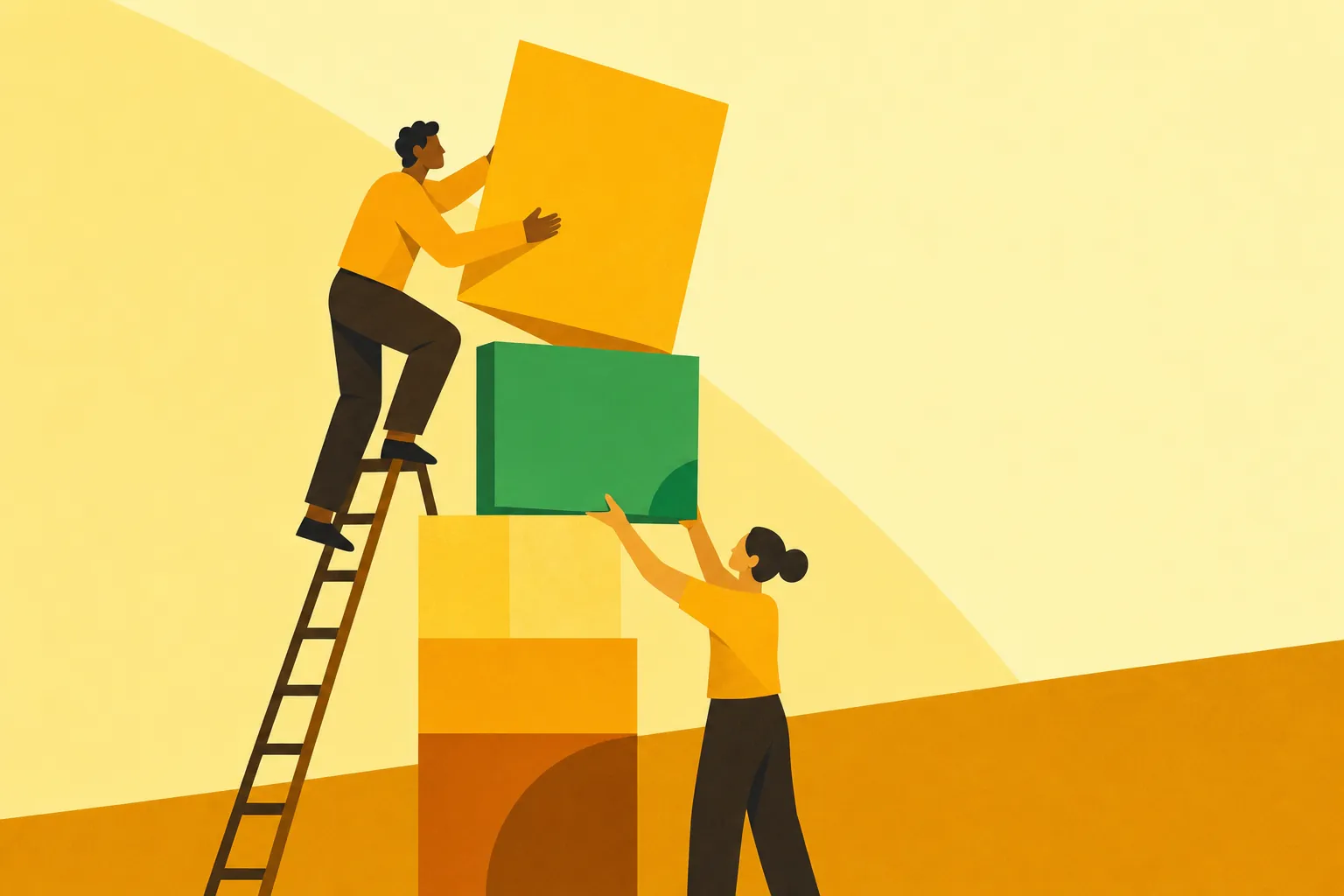 Flat illustration of a person on a ladder swapping a crooked block in a tower for a clean replacement piece held up by a colleague.