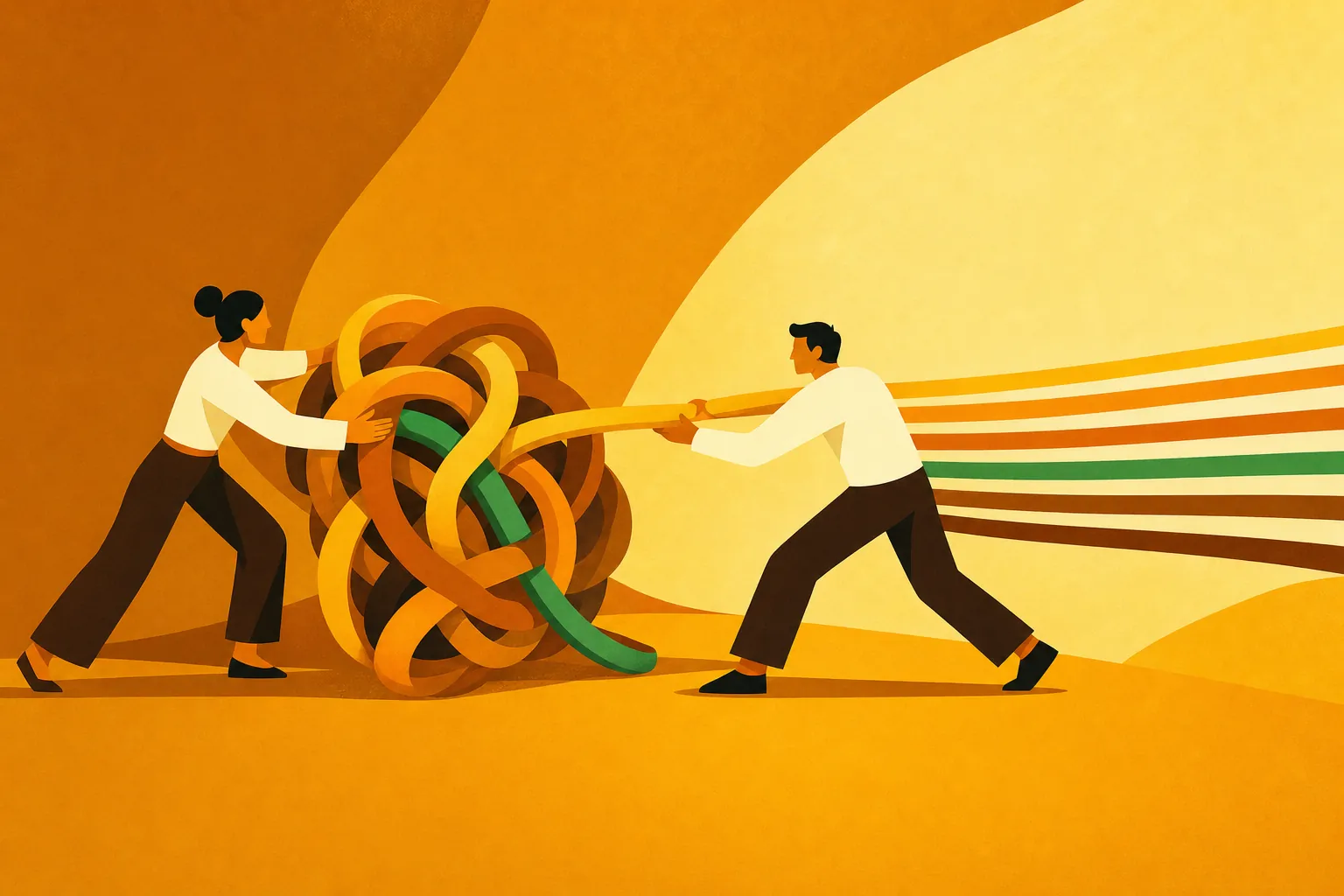 Flat illustration of two people untangling a knot of cords into clean parallel strands, representing clarity in OKR writing.