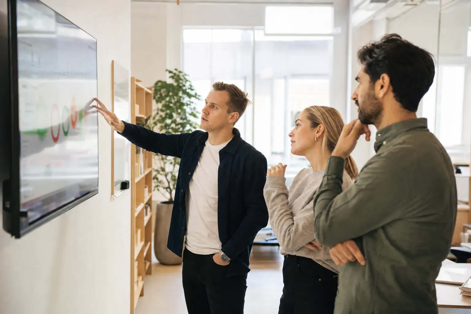 Three colleagues reviewing OKR progress on a wall display during a weekly OKR check-in