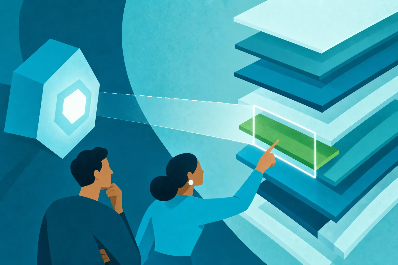 Two figures studying a stack of layered planes while an abstract AI form projects a focused frame on a single plane, representing a narrow, specific question to AI in the OKR writing process