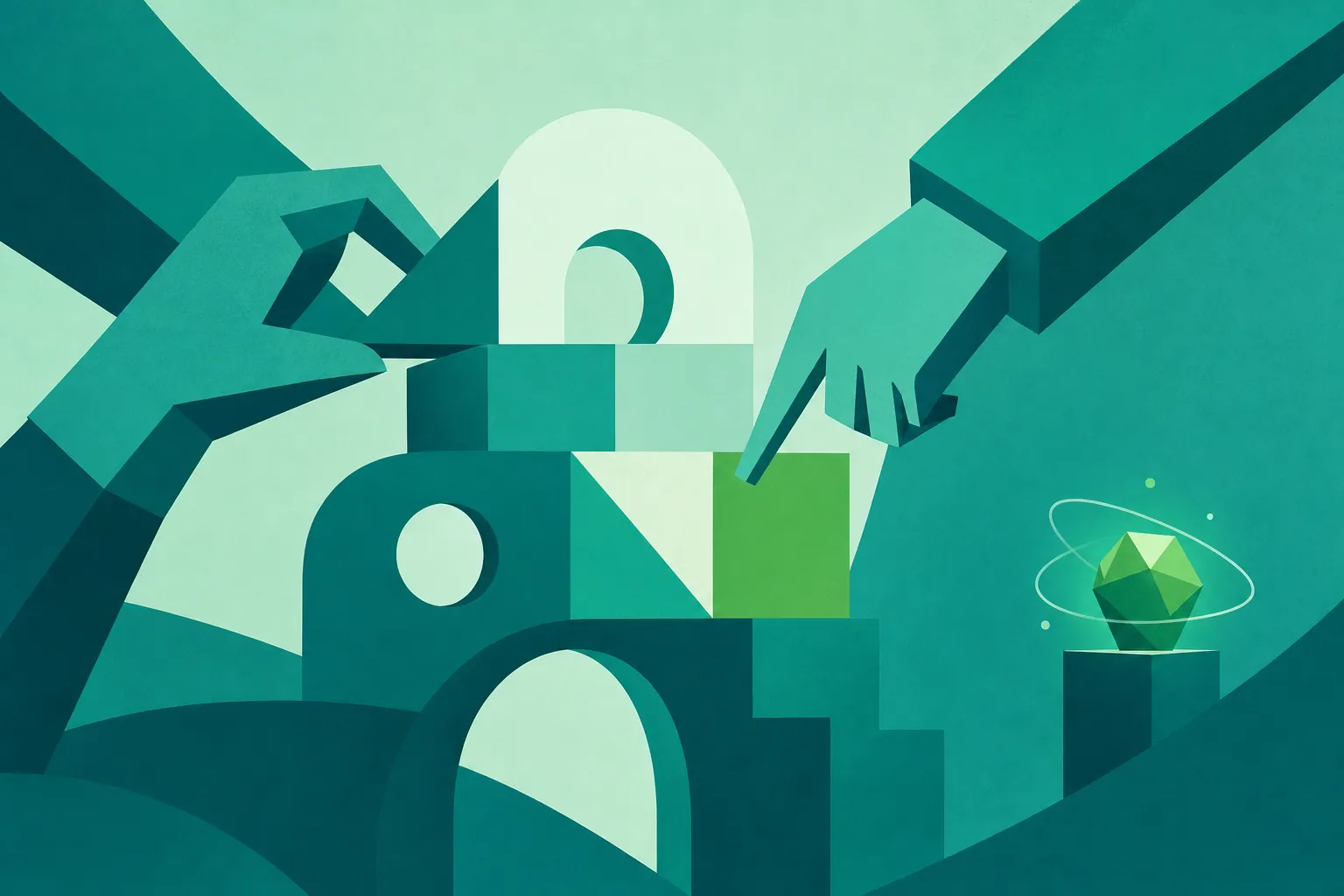 Two pairs of hands building a structure of coloured shapes together while a small abstract AI form sits at the edge of the scene, representing AI as a supporting element while the team owns the OKR writing process