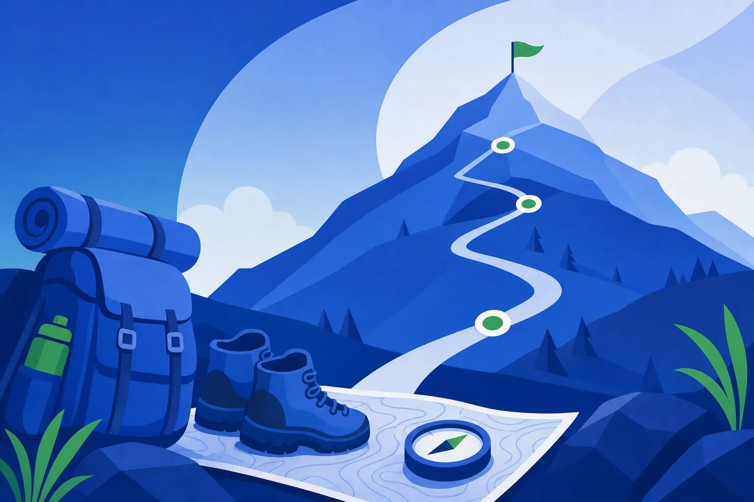 Two figures at the base of a mountain trail looking up at a marked path with waypoints, ready to take the first steps with OKRs