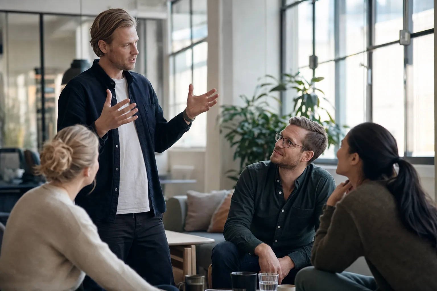 A team gathered in an office lounge, one person standing and speaking while colleagues lean in, rallying around a shared objective