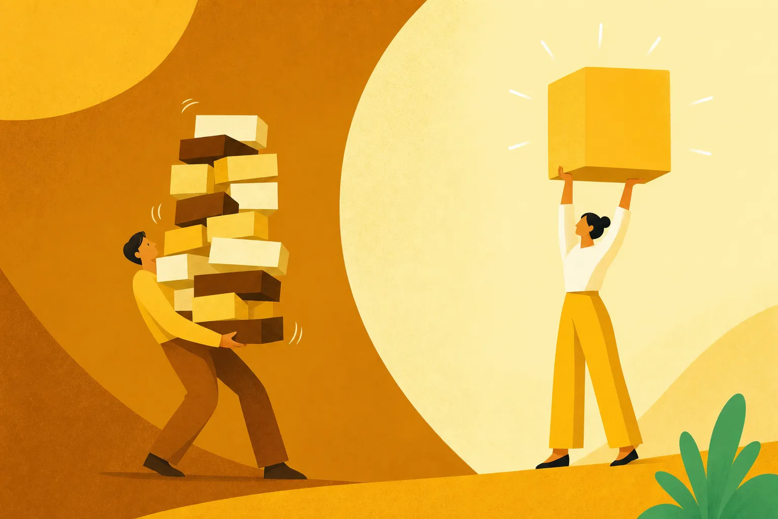 One person struggling under a wobbling stack of many blocks while another calmly holds up a single large block, the overloaded objective versus one clear choice