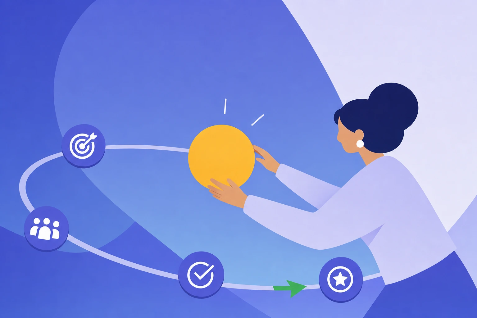 Illustration of a person holding a bright orb on a circular track marked with set, align, check-in and review icons, showing the OKR cycle
