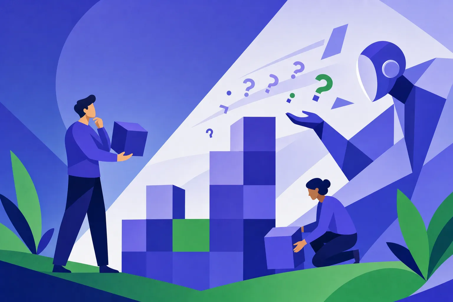 Stylised figure pausing mid-build of a coloured block structure while an abstract AI form returns floating question shapes, representing AI in OKR writing as a coach rather than an author