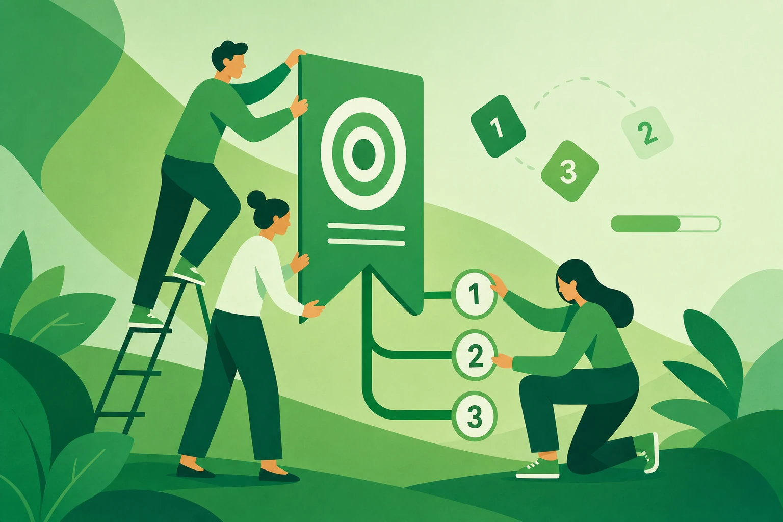 Illustration of people assembling a tall objective marked with a target while three numbered key results branch from its base, explaining what OKRs are