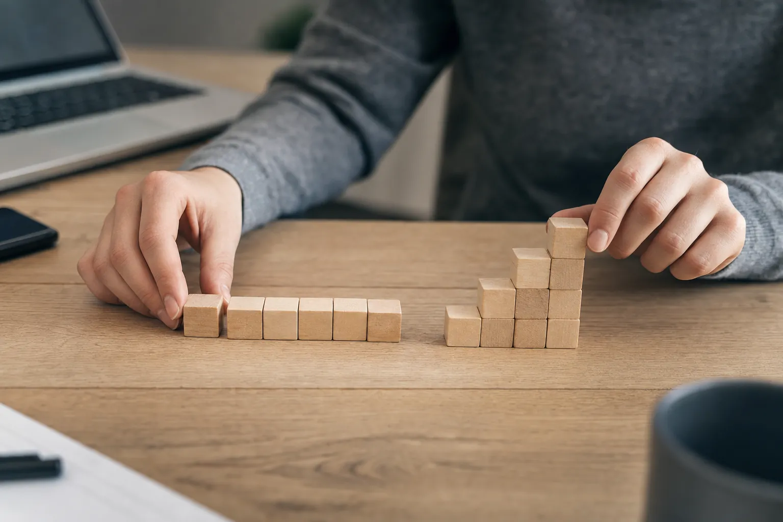 Hands sorting blocks into a flat even row and a rising staircase, showing KPIs held steady next to a key result climbing towards a target