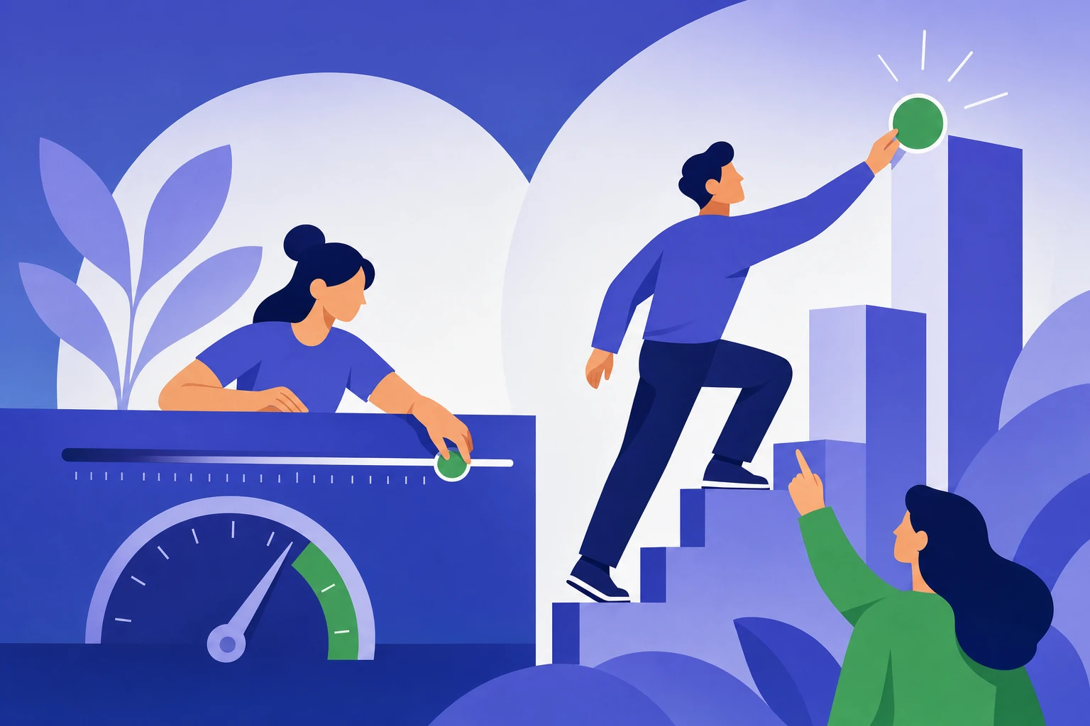 Illustration for OKR vs KPI, one figure watching a steady metric while another drives a rising target