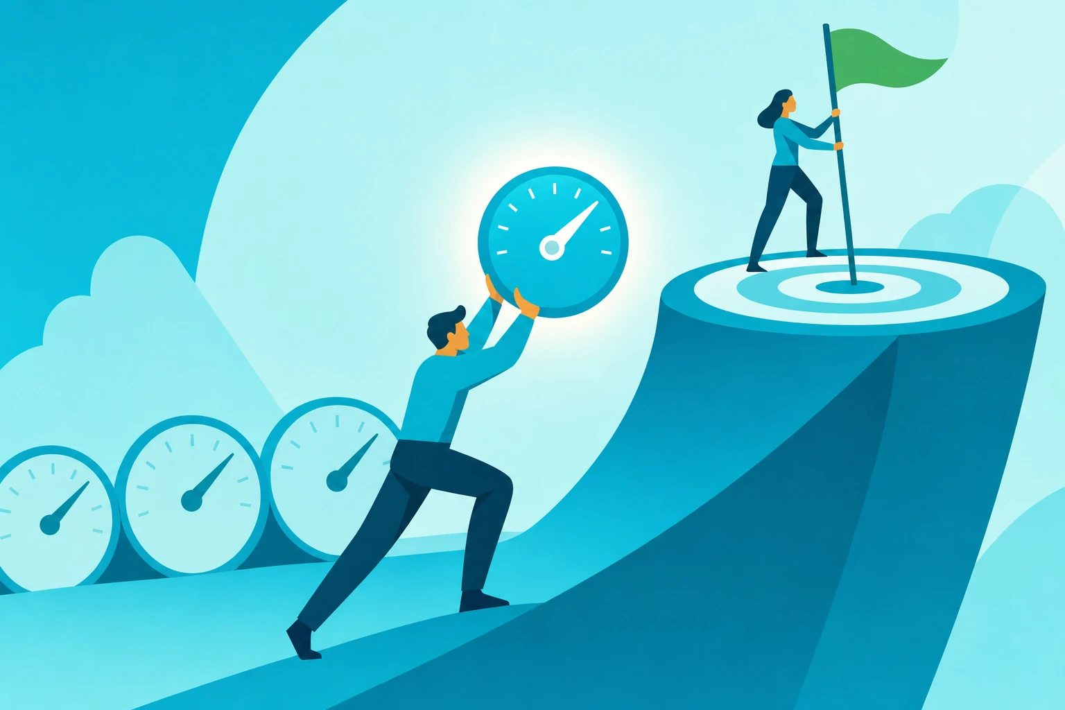 Illustration of promoting a KPI into a key result by lifting one metric out of a row of dials onto a target platform