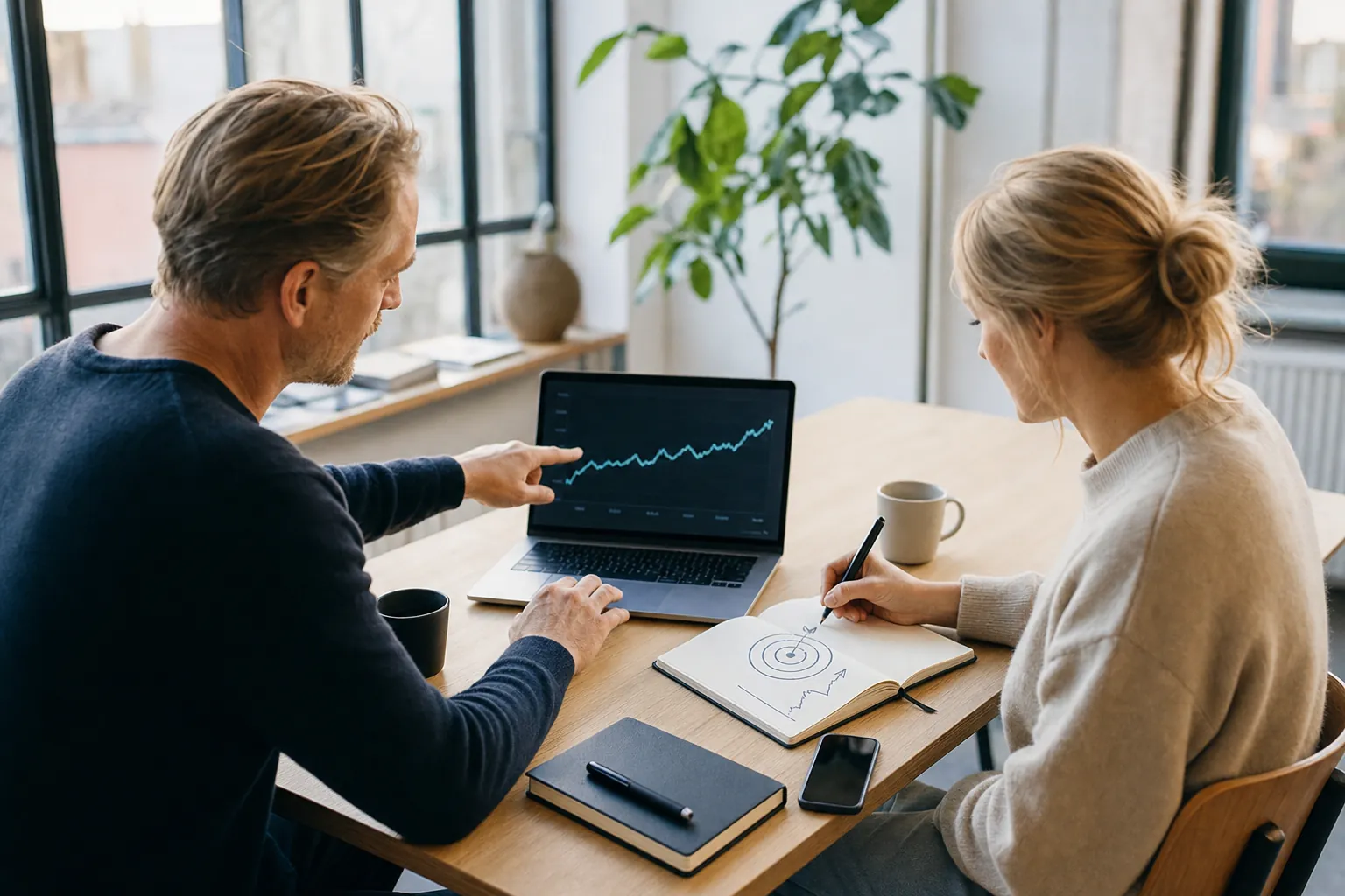 Two colleagues discussing OKRs and KPIs, one pointing at a dashboard trend line while the other sketches a target with an upward arrow